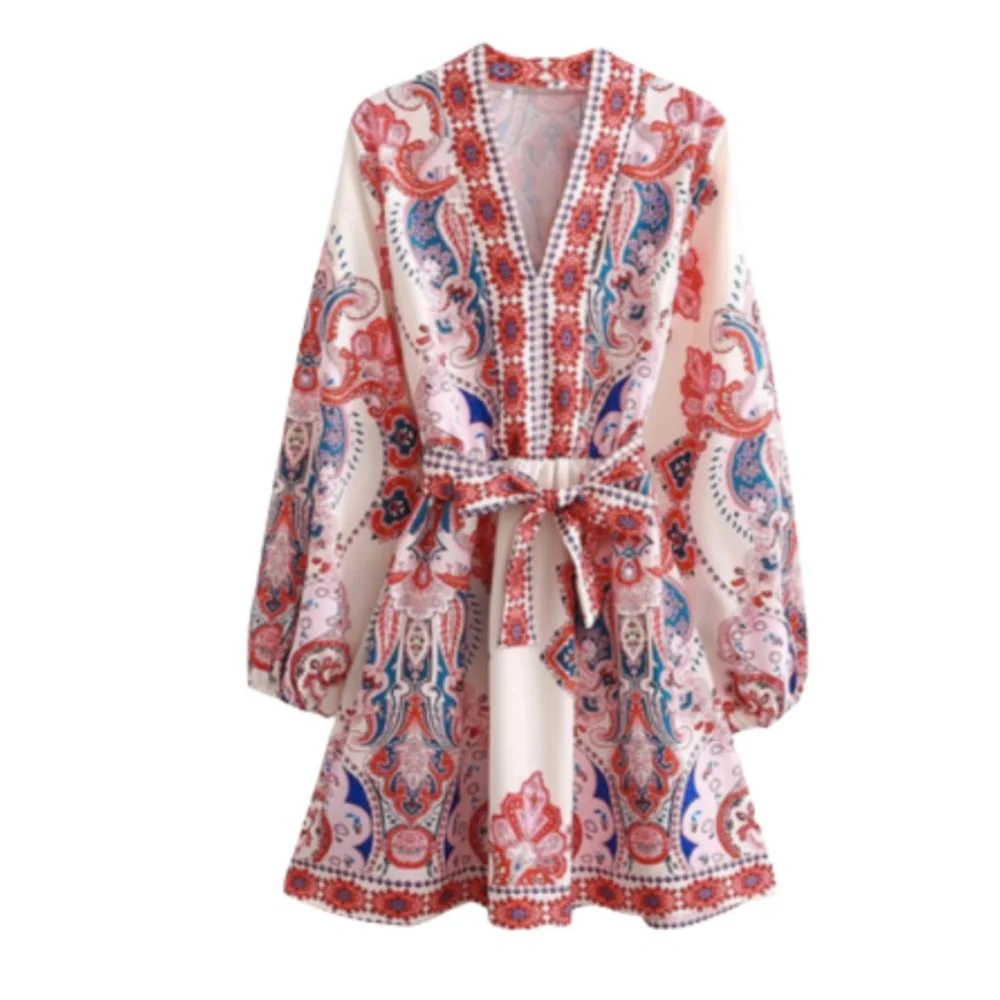 NWT Goodnight Macaroon Lola Dress Womens Small Red Blue Long Sleeve V-Neck Belt - Picture 12 of 12